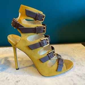 Jimmy Choo Yellow/Brown Suede And Leather Trick Caged Sandals Size 39